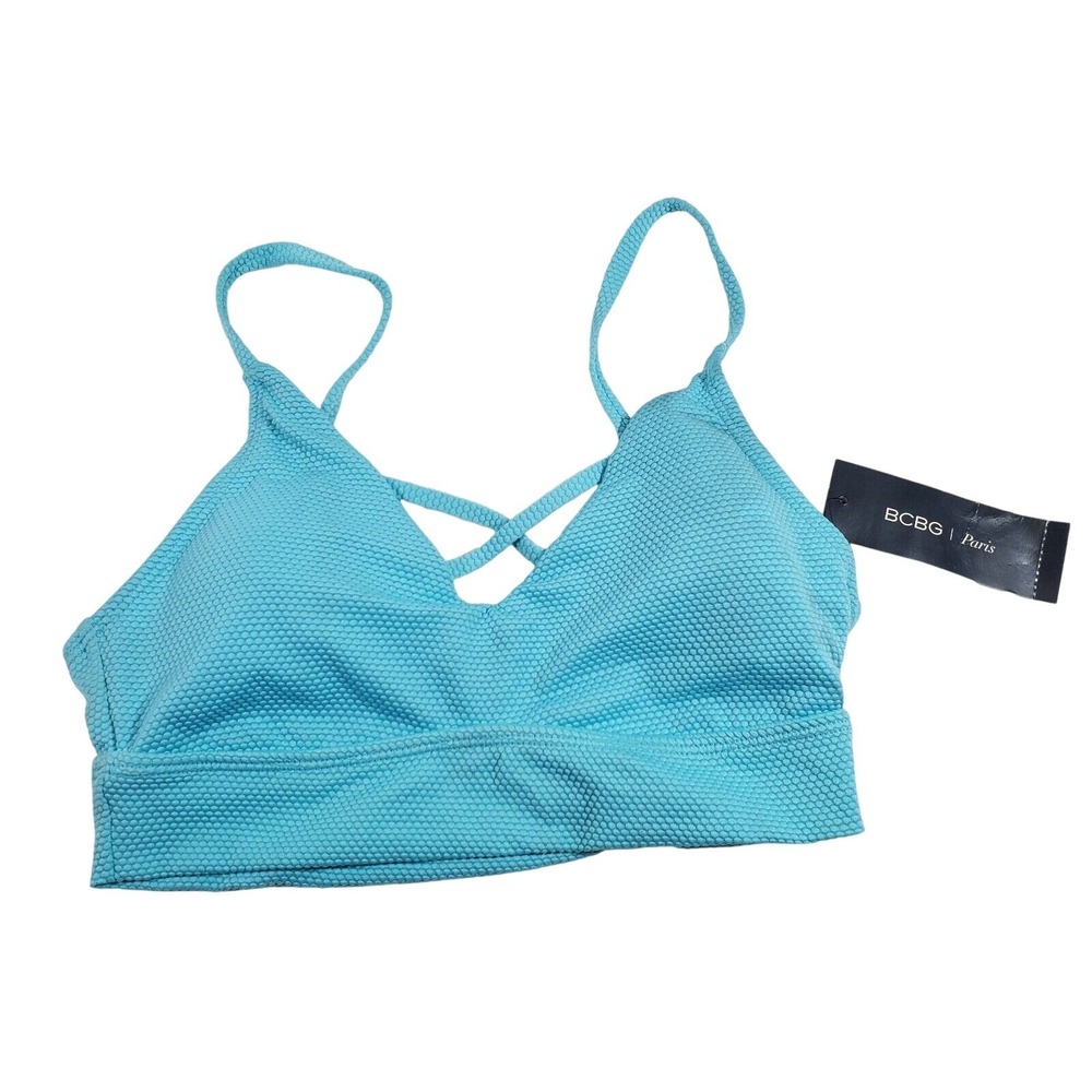 NWT BCBG Paris‎ Aqua Blue Pique Textured Lattice V-Neck Bikini Top Small NWT
